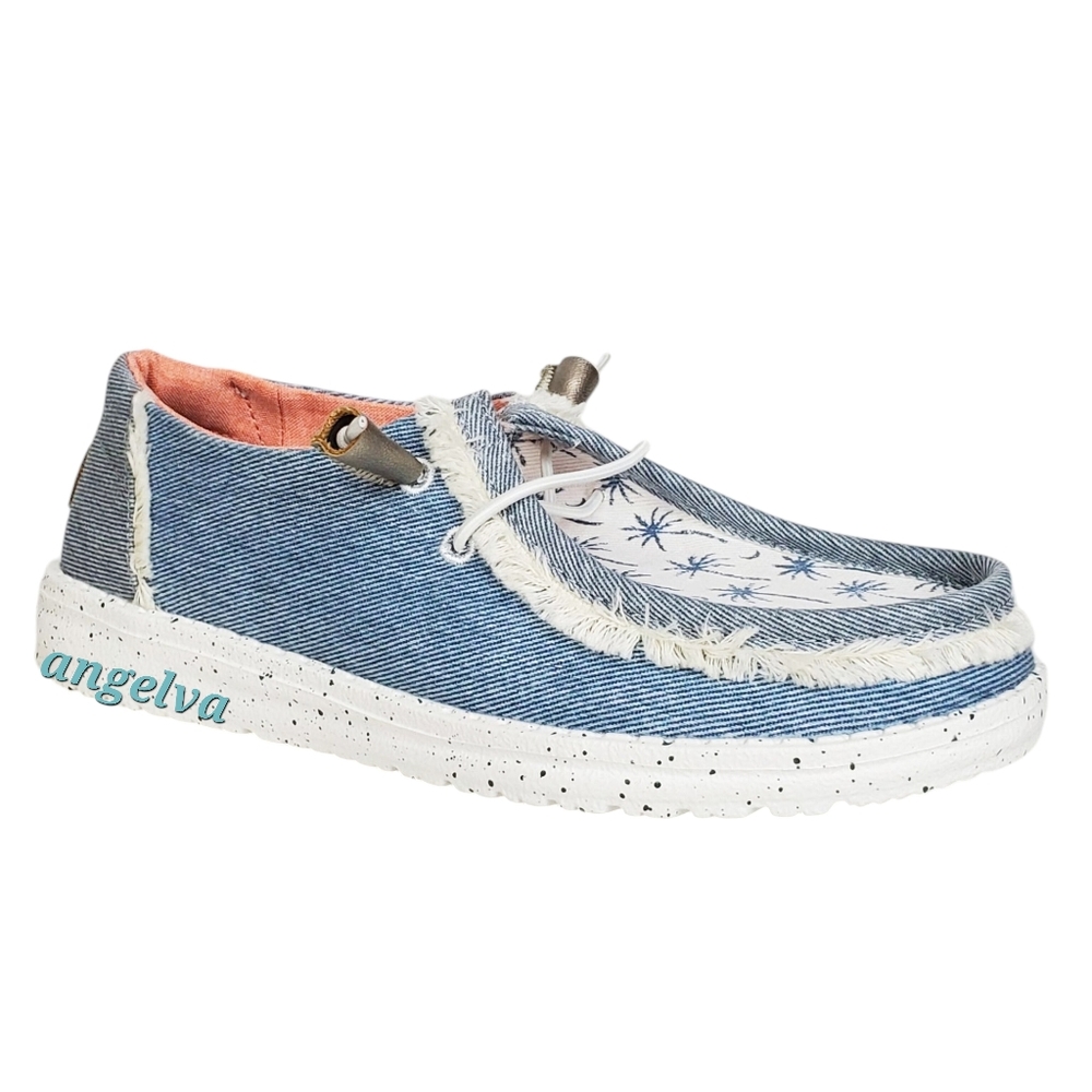 NWT Hey Dude Wendy tropical slip on loafers light blue palms beach boho summer